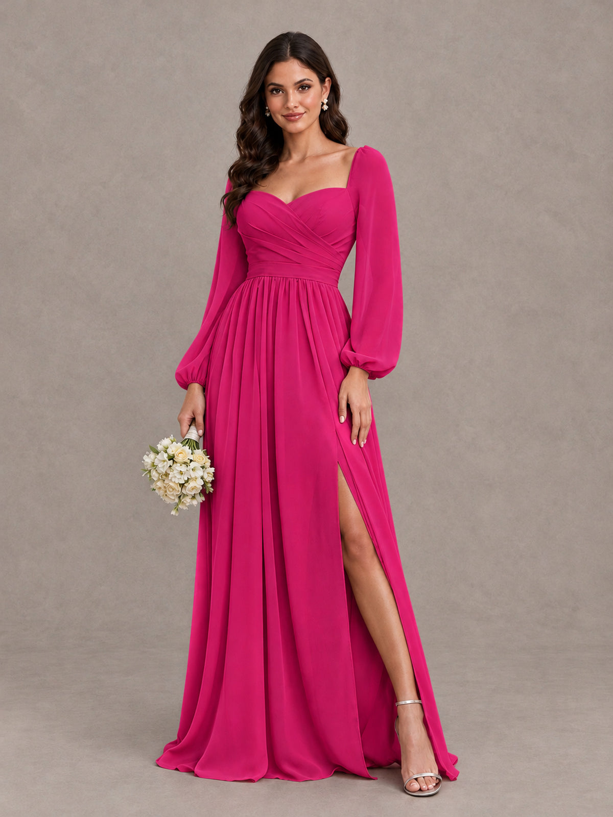 BOLODOO Hot Pink Long Sleeve Chiffon Bridesmaid Dress with Slit - Hot Pink - Hot Pink (1)