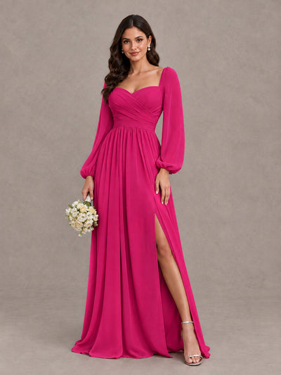 BOLODOO Hot Pink Long Sleeve Chiffon Bridesmaid Dress with Slit - Hot Pink - Hot Pink (1)