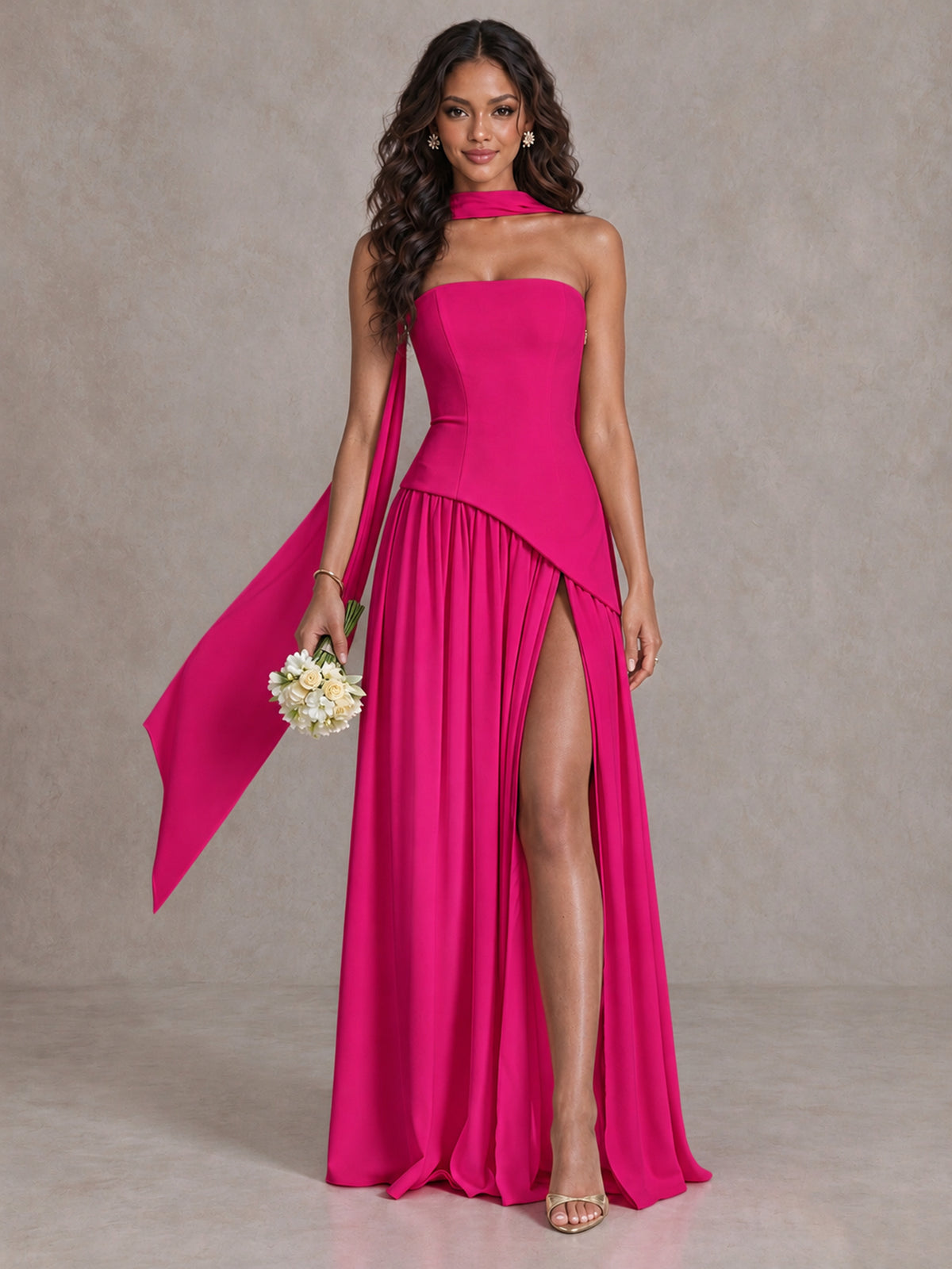 Hot Pink Strapless Bridesmaid Dress with Scarf & High Slit - Hot Pink - Hot Pink (1)