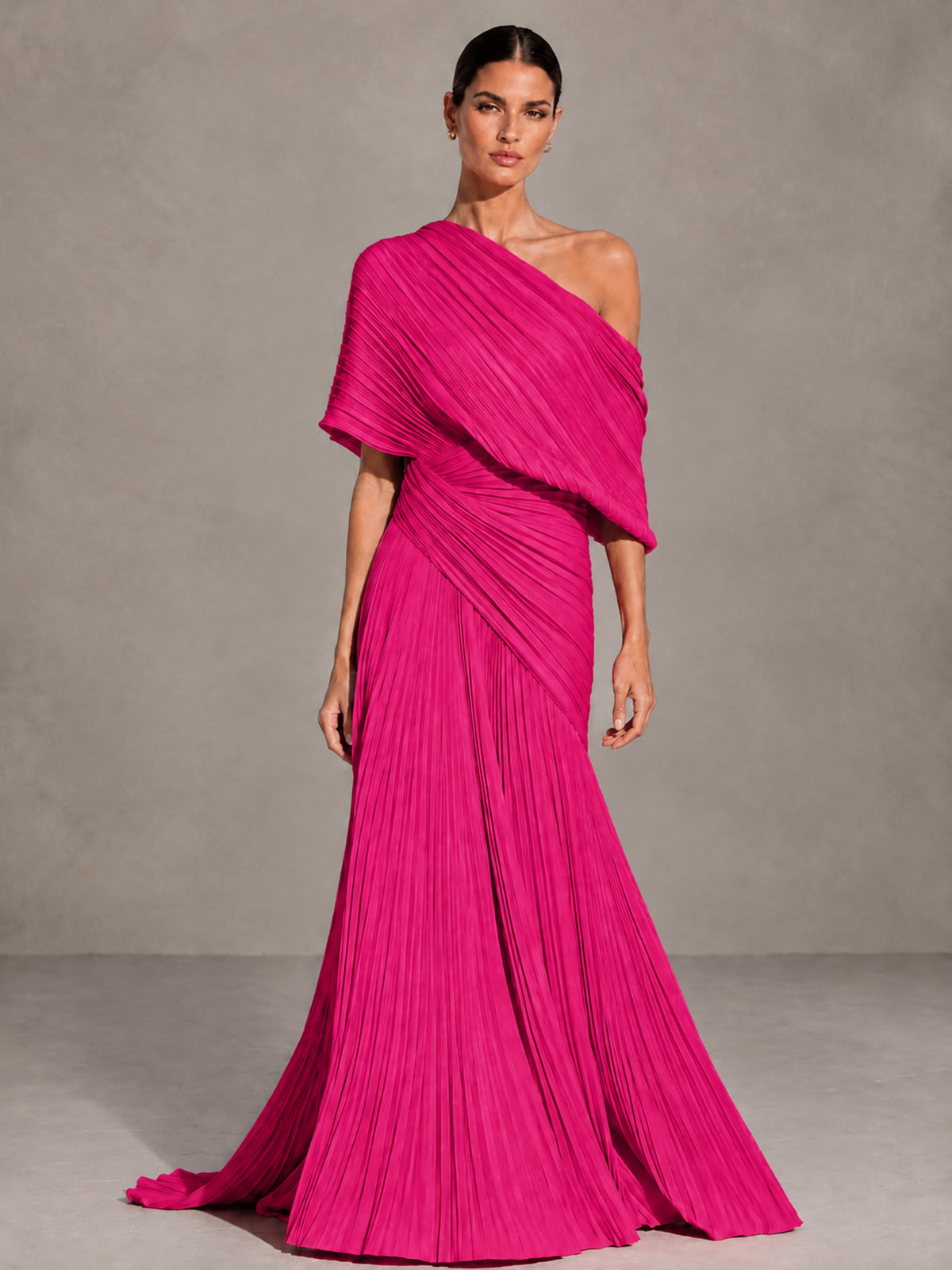BOLODOO Hot Pink One-Shoulder Pleated Cape Evening Gown with Train - Hot Pink - Hot Pink (1)