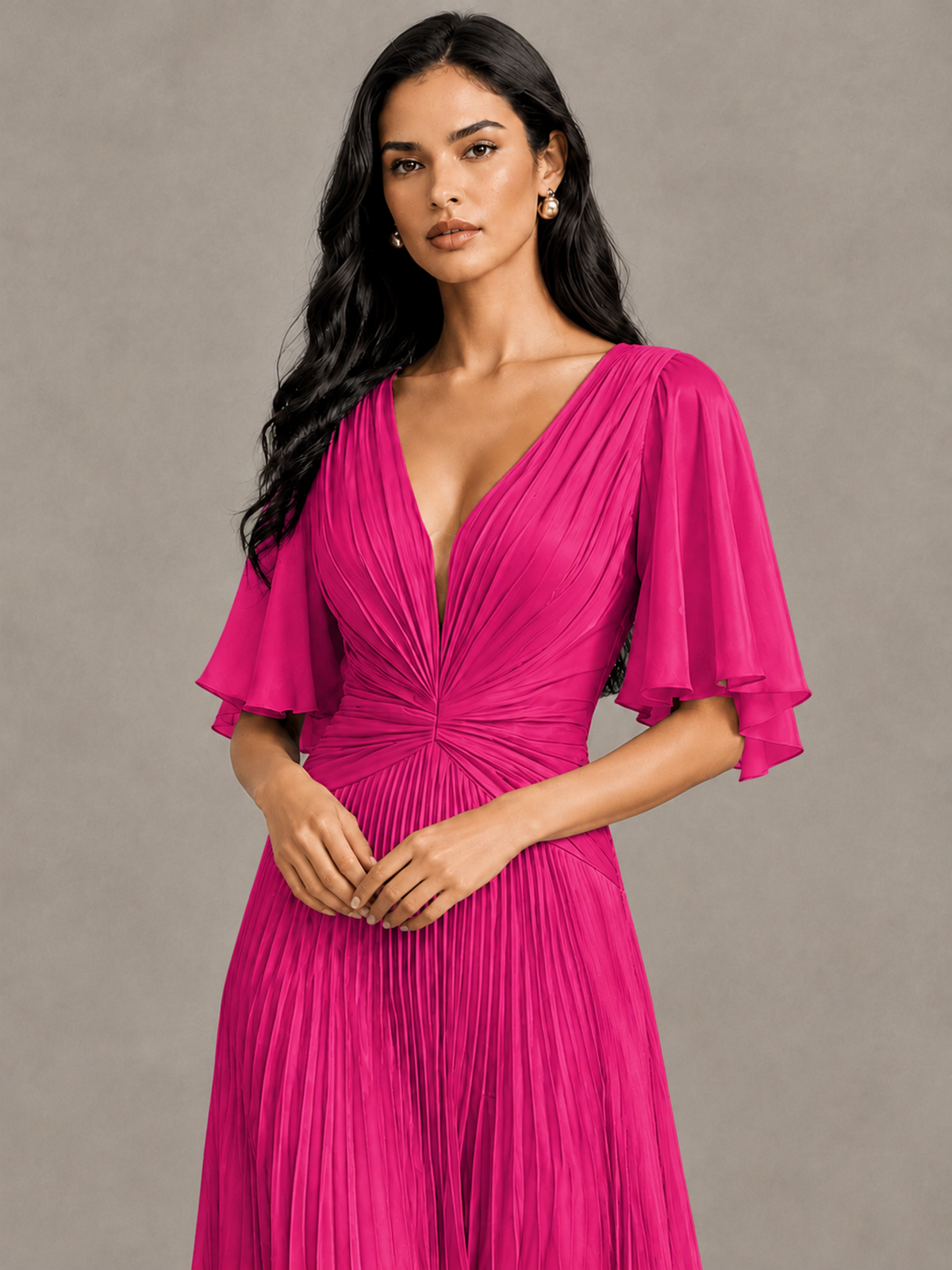 BOLODOO Hot Pink Pleated V-Neck Flutter Sleeve Bridesmaid Dress - Hot Pink - Hot Pink (1)