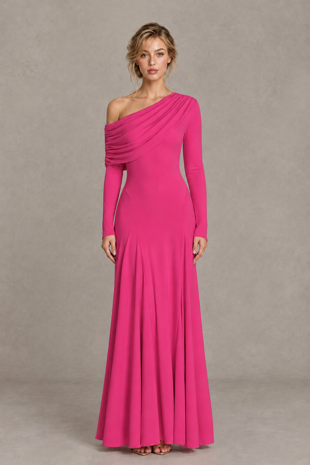 BOLODOO Hot Pink Asymmetric Draped Long Sleeve Evening Gown - Hot Pink