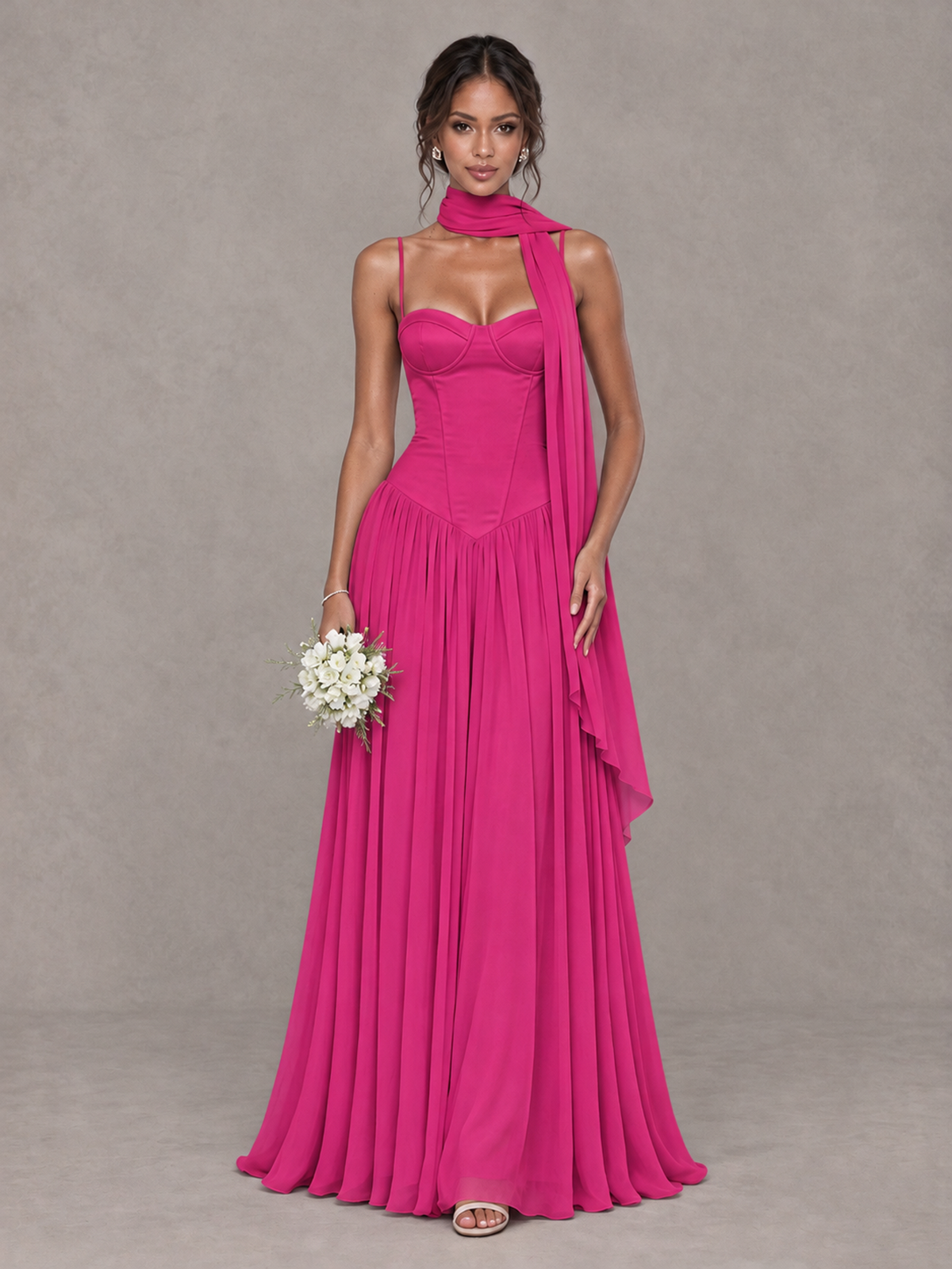 BOLODOO Hot Pink Corset Bridesmaid Dress with Scarf - Hot Pink - Hot Pink (1)