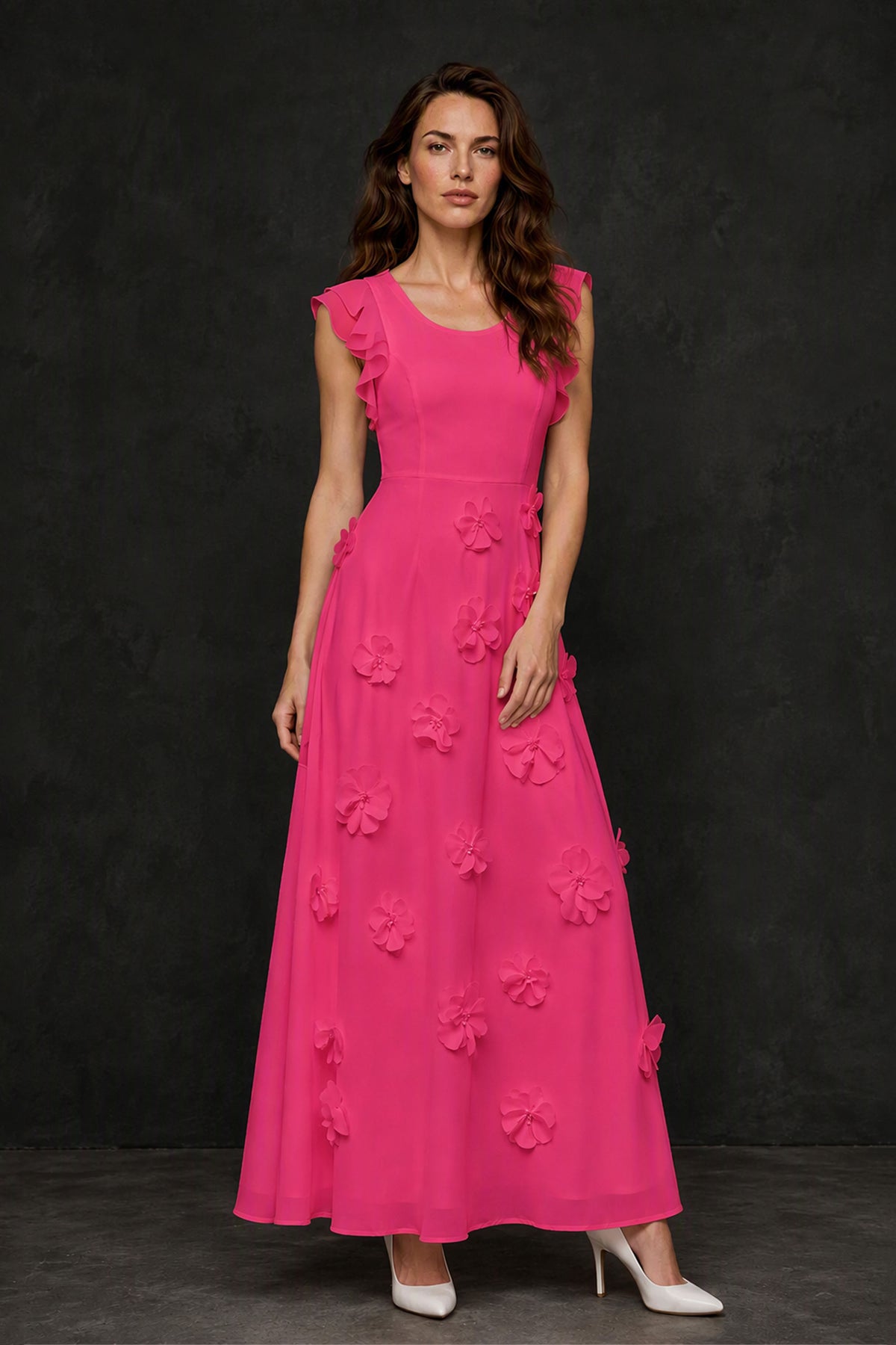 BOLODOO Hot Pink Scoop Neck Flutter Sleeve 3D Floral Appliqué A-Line Chiffon Maxi Dress - Hot Pink
