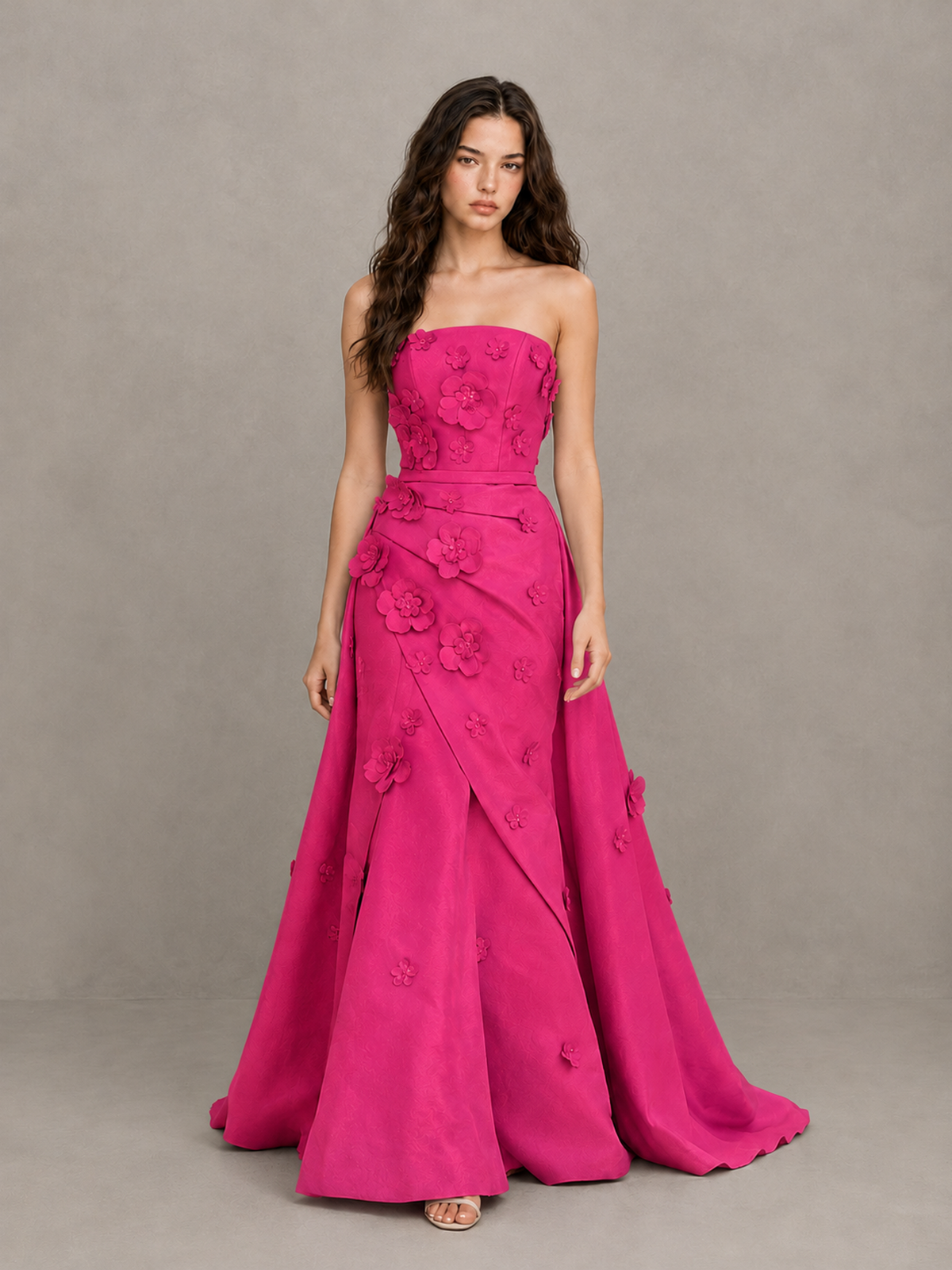 BOLODOO Hot Pink Strapless 3D Floral Applique Prom Gown with Draped Skirt - Hot Pink - Hot Pink (1)