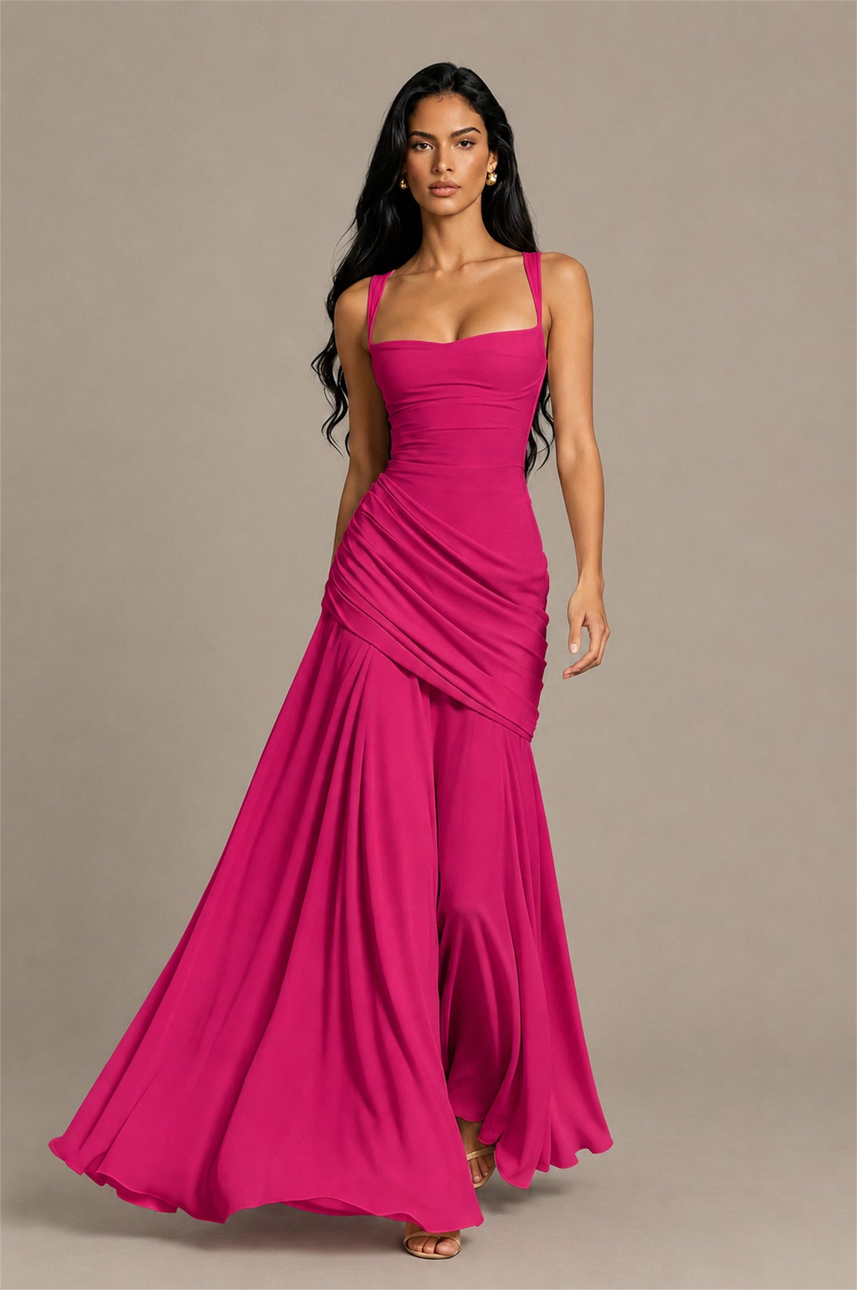 BOLODOO Square Neck Ruched A-Line Maxi Dress - Hot Pink Backless Evening Gown - Hot Pink