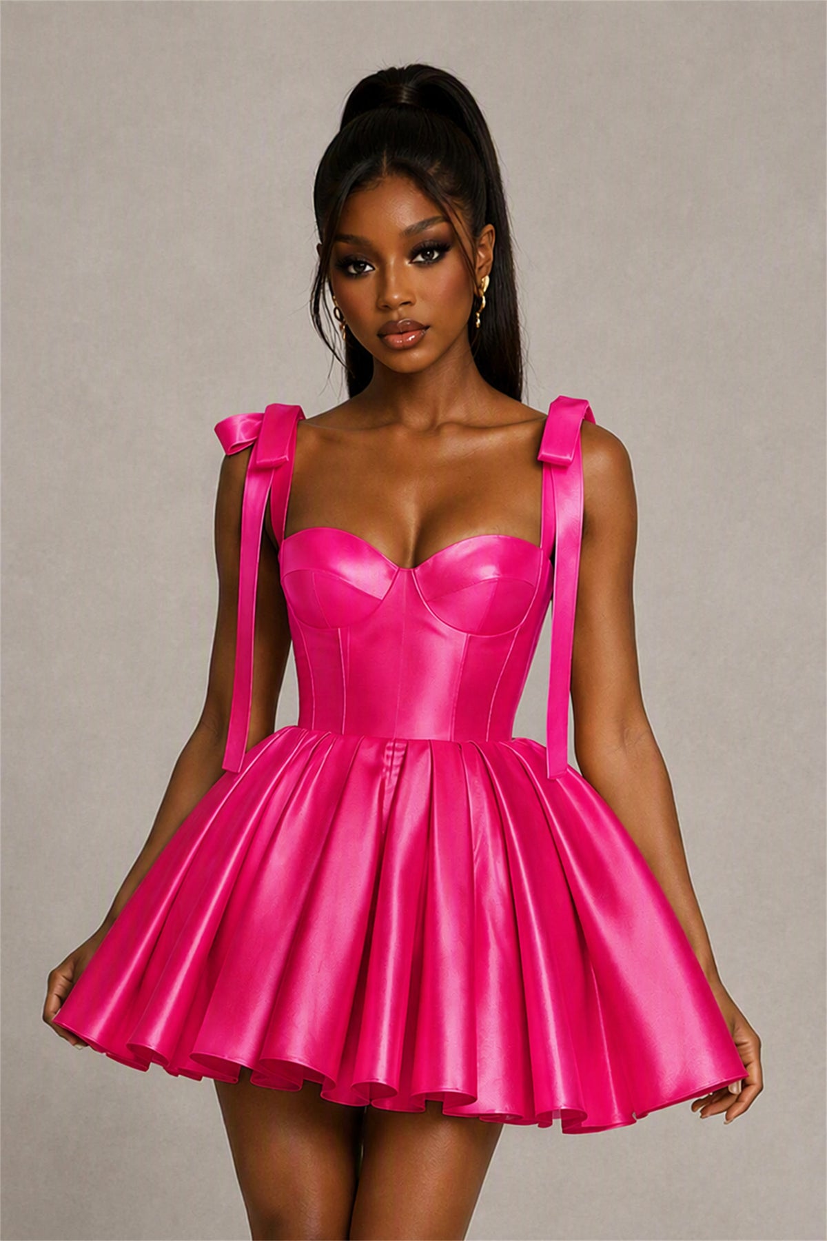 BOLODOO Hot Pink Satin Sweetheart Corset Bow Strap Lace-Up Open Back Full Skirt Mini Dress | Prom Cocktail Party Dress - Hot Pink