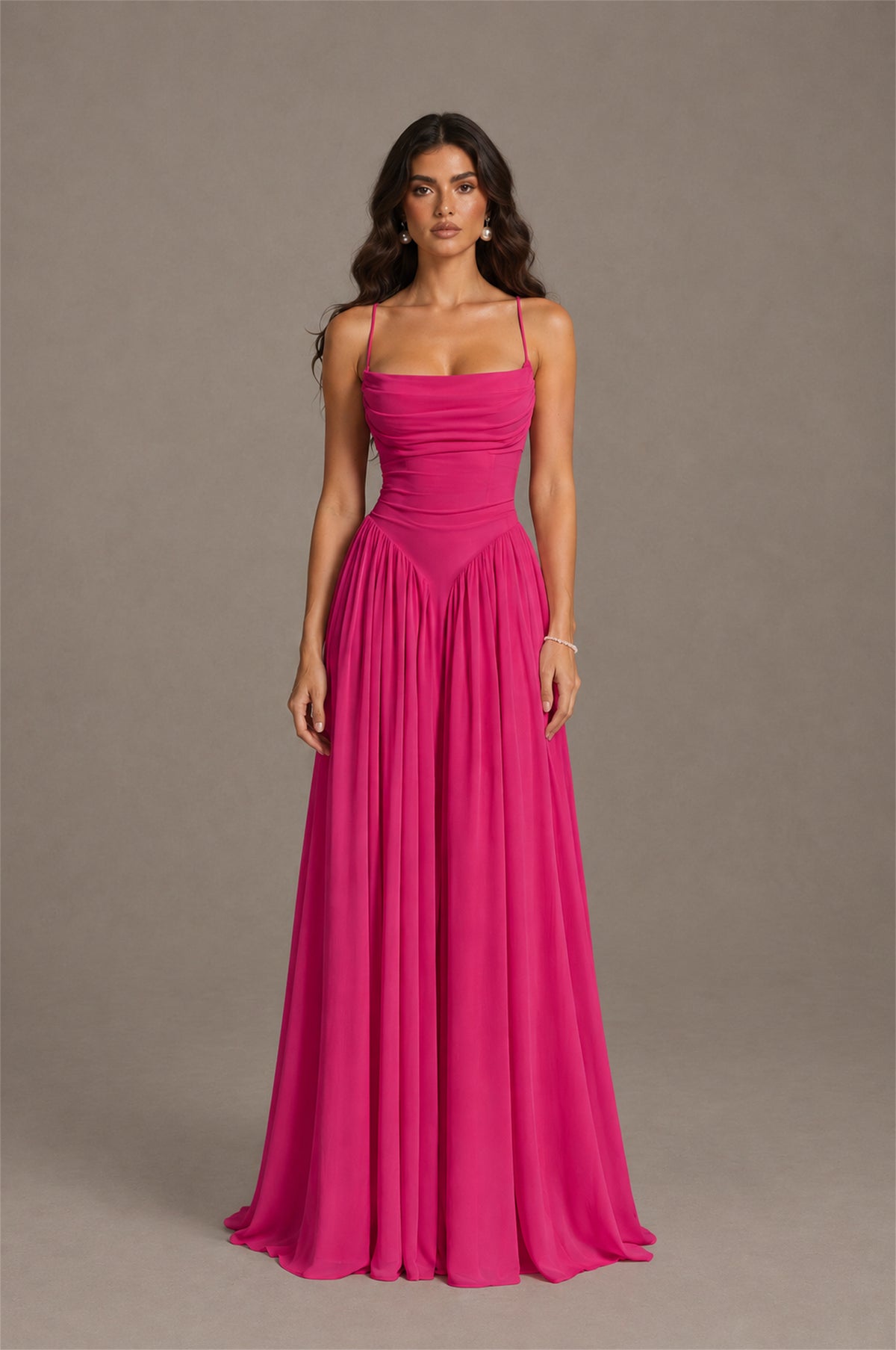 BOLODOO Hot Pink Spaghetti Strap Square Neck Ruched Chiffon Maxi Dress with Lace-Up Back - Hot Pink