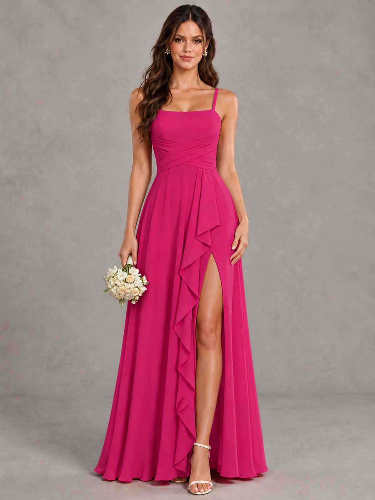 BOLODOO Hot Pink Spaghetti Strap Ruffle Bridesmaid Dress with Slit - Hot Pink - Hot Pink (1)