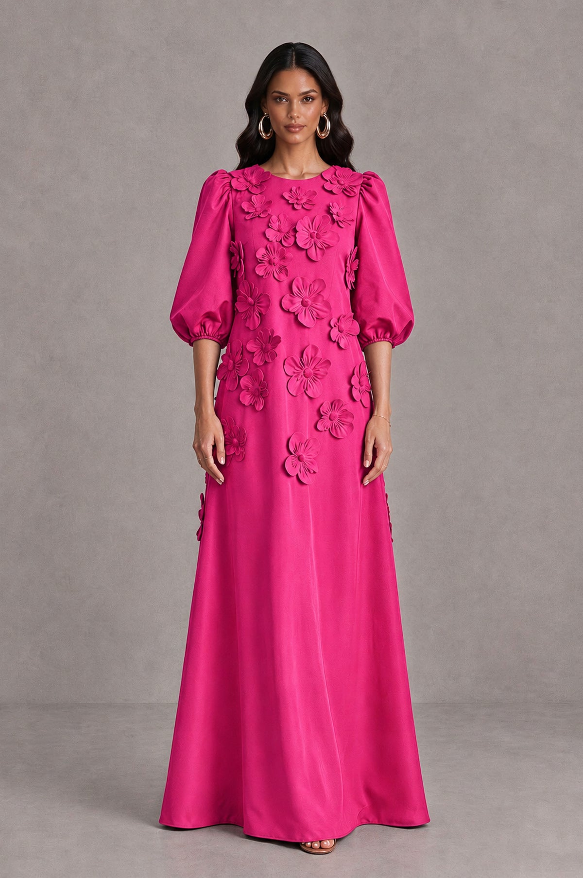 BOLODOO Hot Pink Floral Applique Puff Sleeve A-Line Evening Dress - Hot Pink - Hot Pink (1)