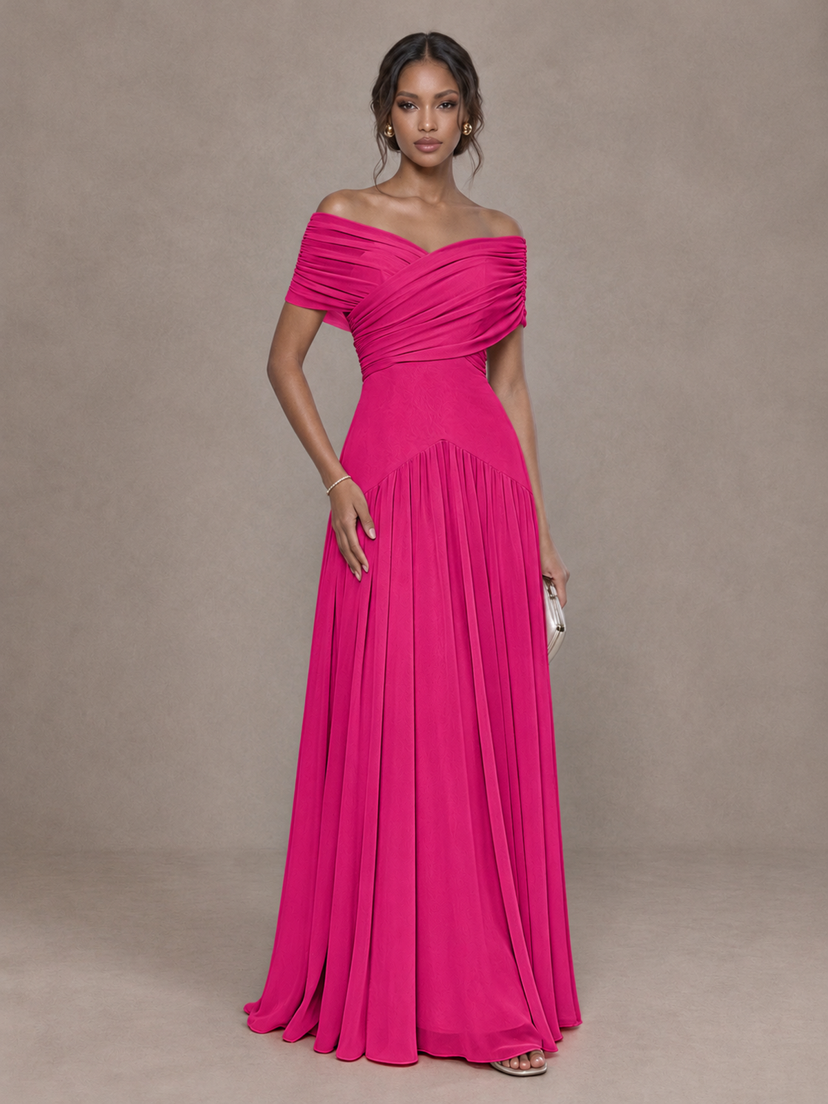 BOLODOO Hot Pink Off-Shoulder Ruched A-Line Bridesmaid Dress - Hot Pink - Hot Pink (1)