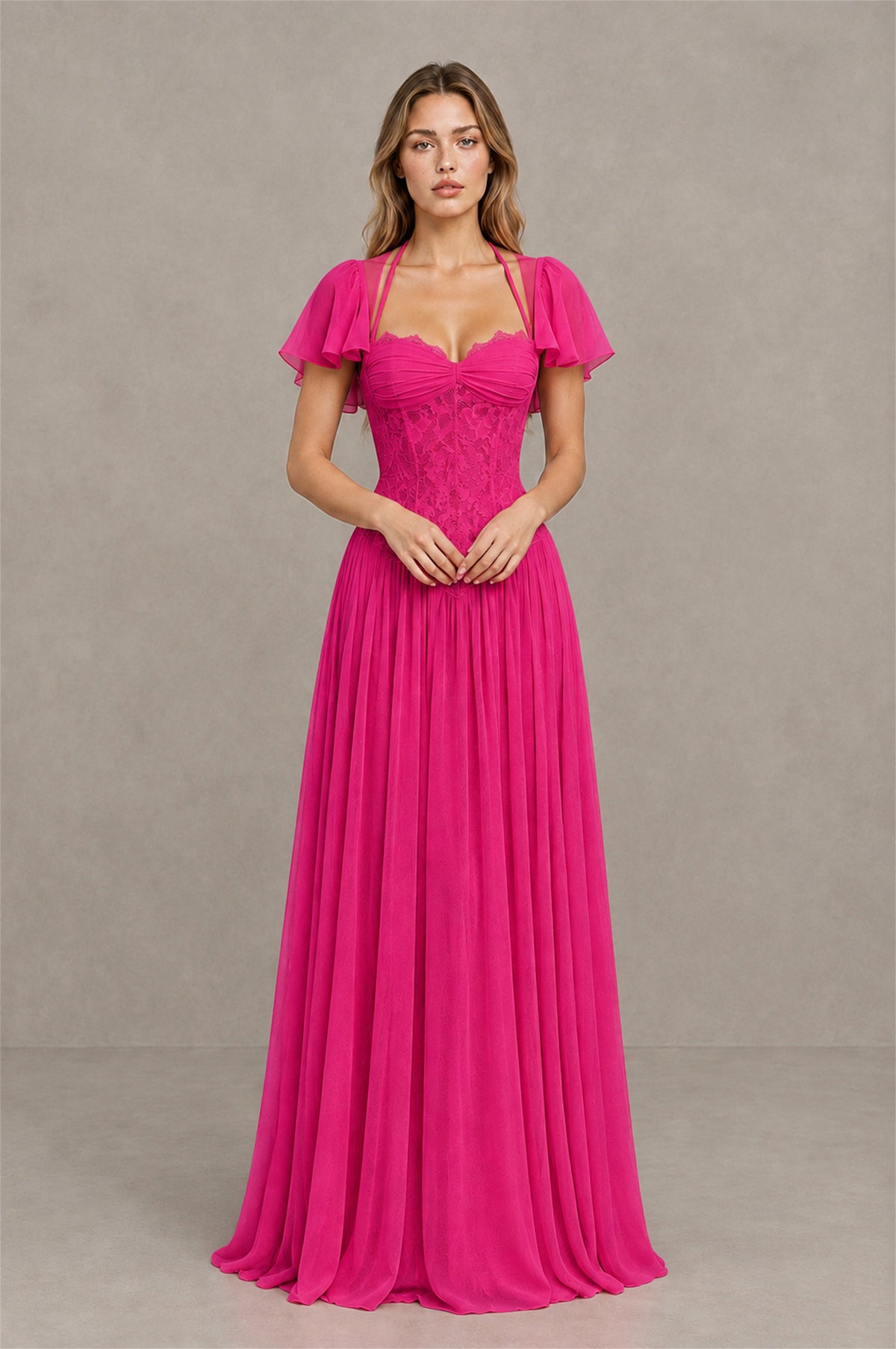 BOLODOO Hot Pink Flutter Sleeve Lace Corset A-Line Maxi Dress - Hot Pink - Hot Pink (1)