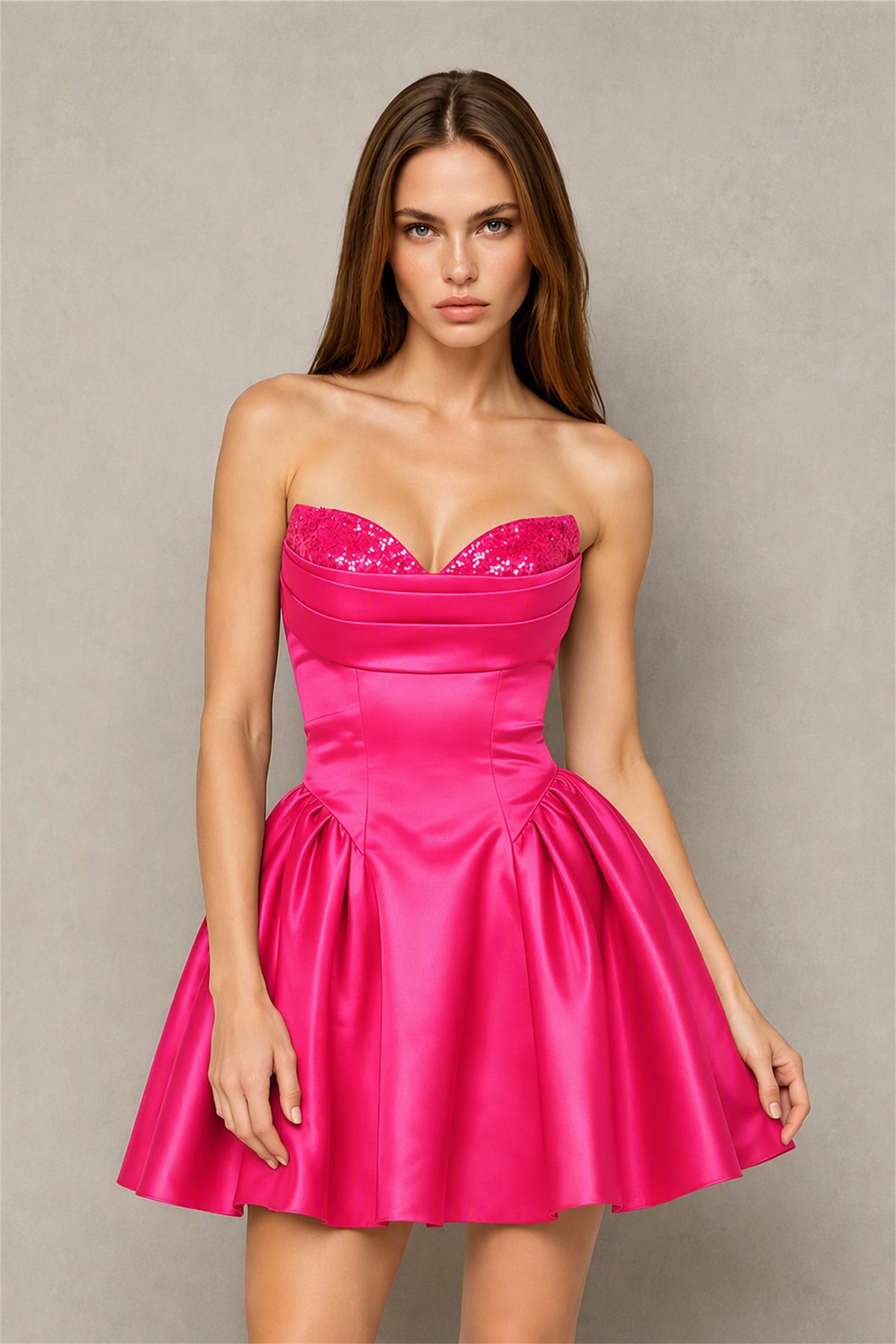 BOLODOO Hot Pink Satin Sequin Sweetheart Strapless Corset Lace-Up Back A-Line Mini Dress | Prom Cocktail Homecoming Dress - Hot Pink