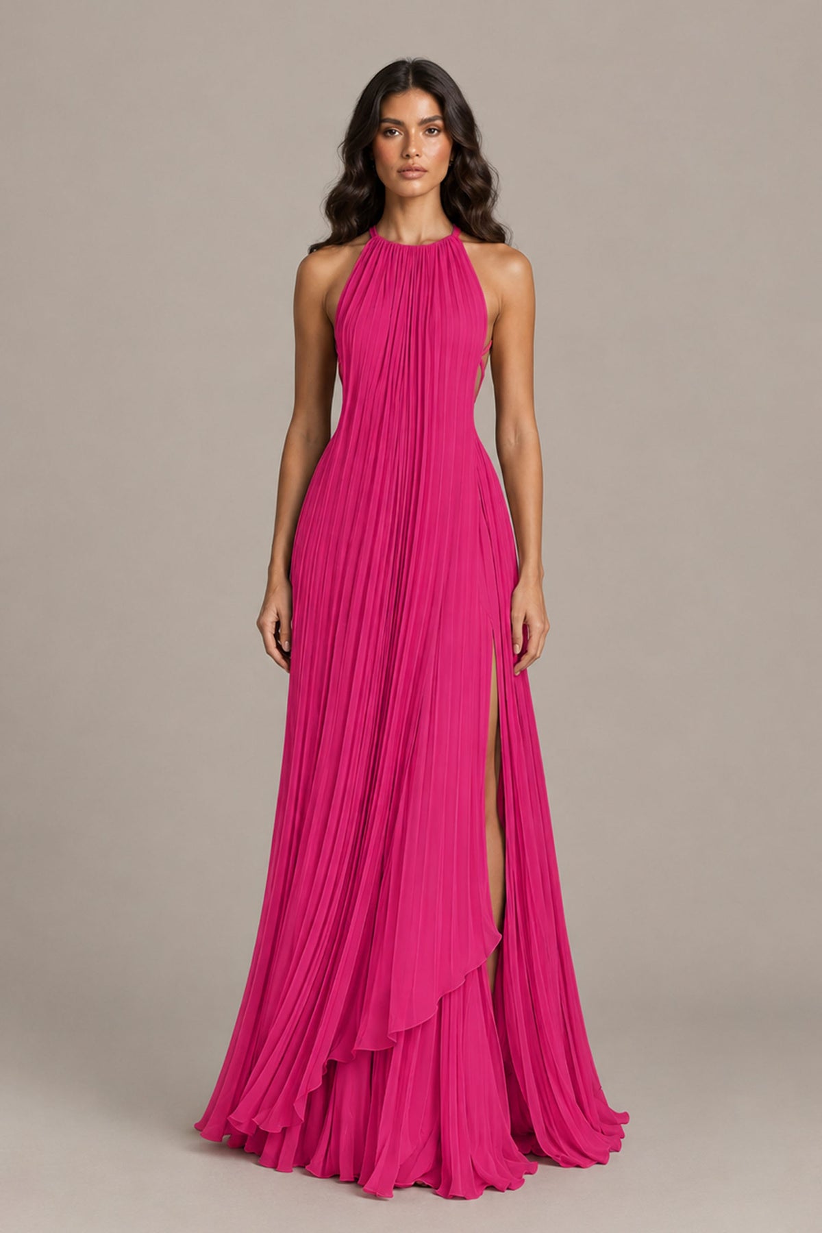 BOLODOO Hot Pink Halter Neck Pleated Chiffon Maxi Dress with Side Slit - Hot Pink
