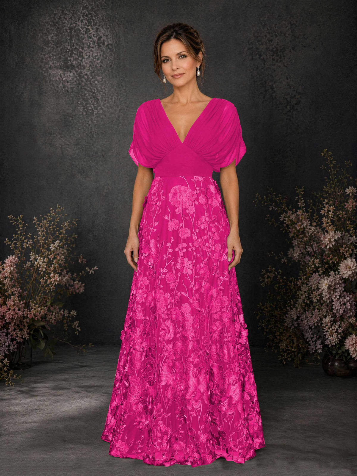 BOLODOO Hot Pink & Hot Pink Chiffon V-Neck Flutter Sleeve Floral Embroidered A-Line Gown BD0414 - Hot Pink