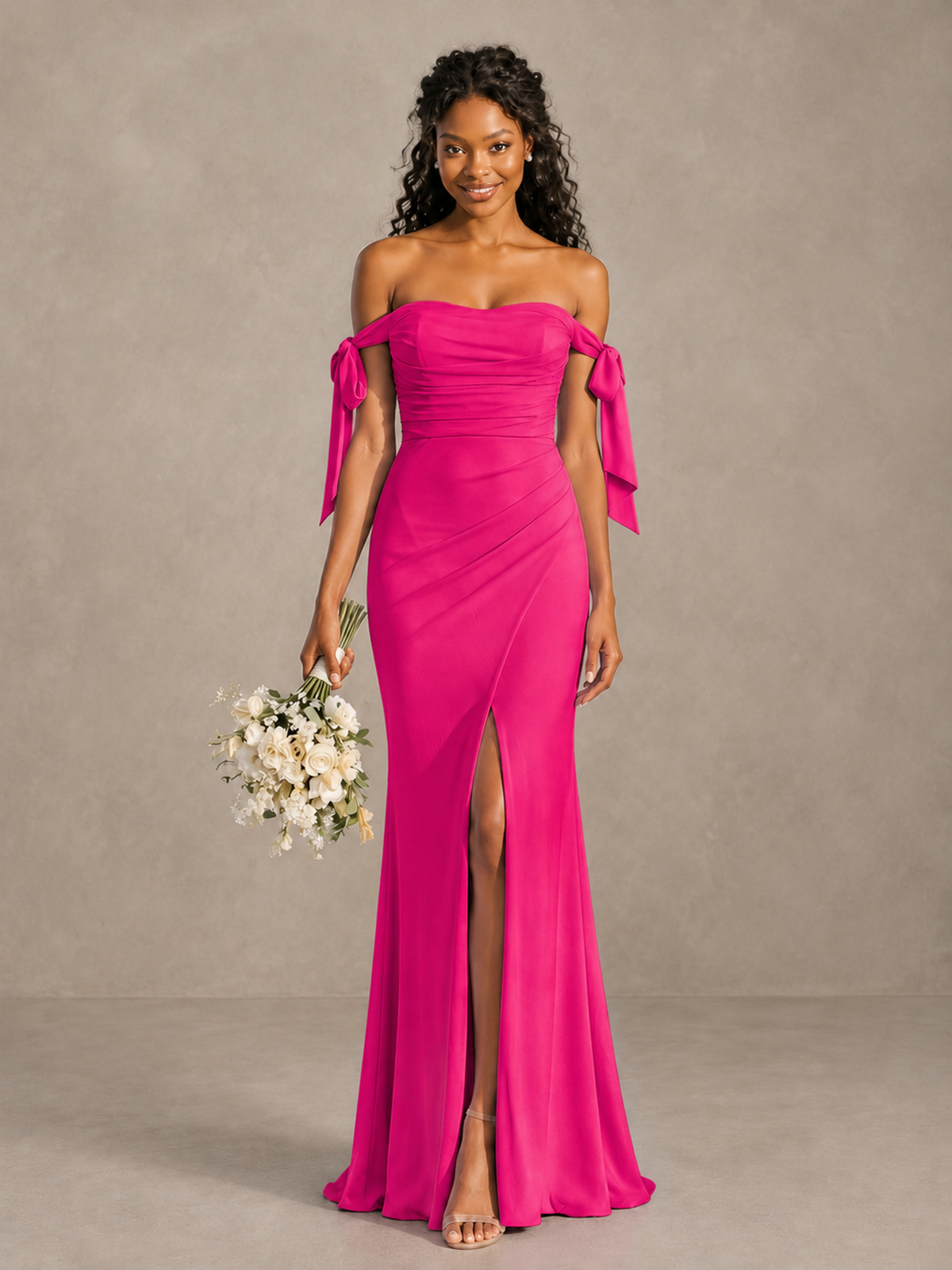 Hot Pink Off-Shoulder Bow Bridesmaid Dress with Slit - Hot Pink - Hot Pink (1)