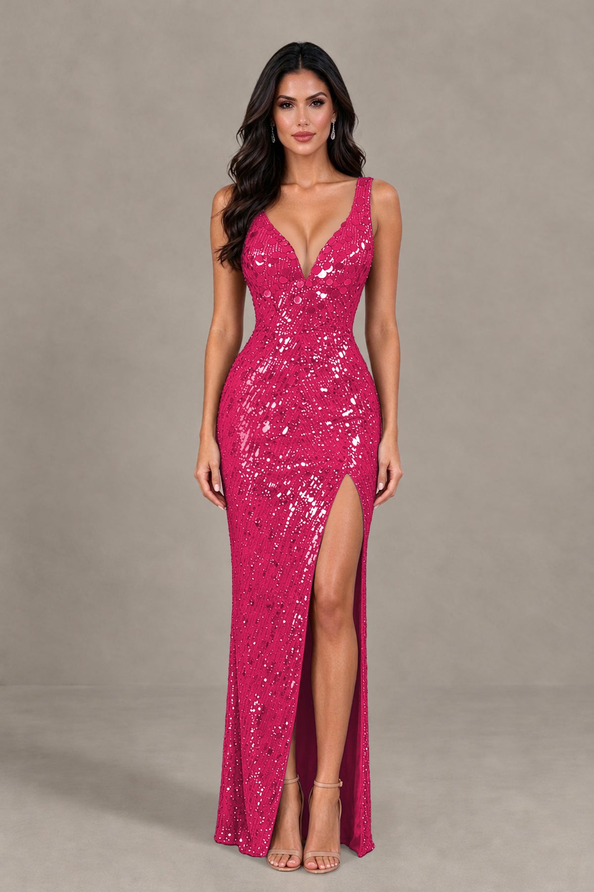 BOLODOO Hot Pink Sequin Deep V-Neck Lace-Up Back High-Slit Evening Dress - Hot Pink - Hot Pink (1)