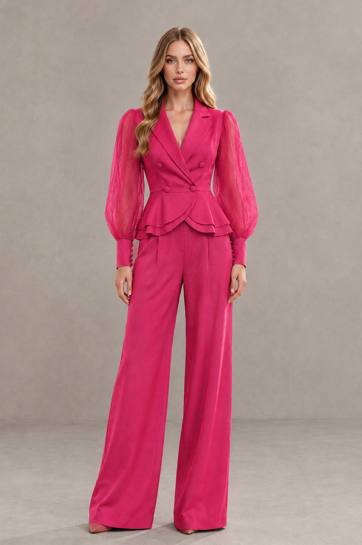 BOLODOO Mint Hot Pink Peplum Blazer Wide-Leg Pantsuit with Sheer Puff Sleeves - Hot Pink