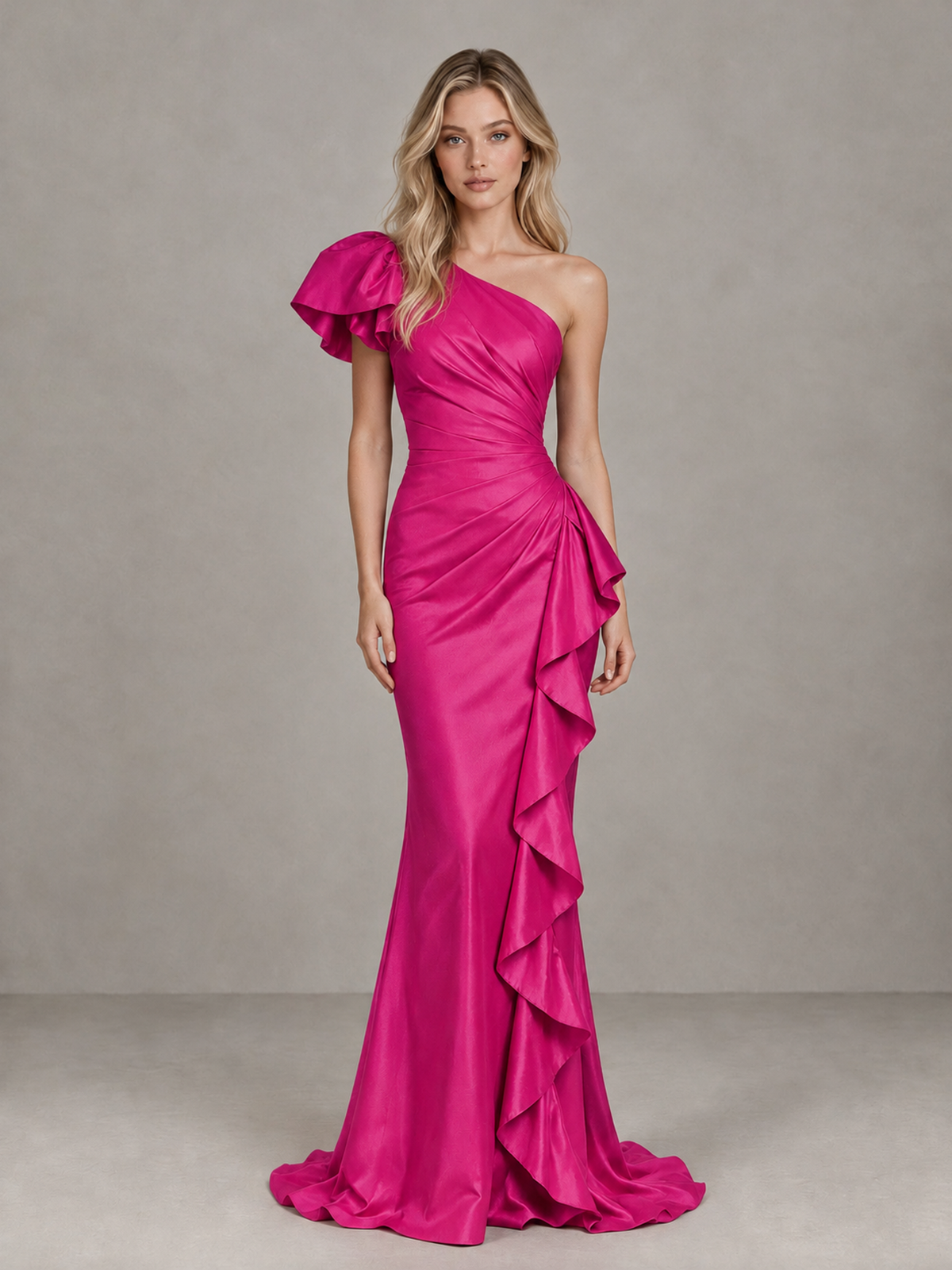 BOLODOO Hot Pink One-Shoulder Satin-Look Mermaid Evening Dress with Ruffles - Hot Pink - Hot Pink (1)
