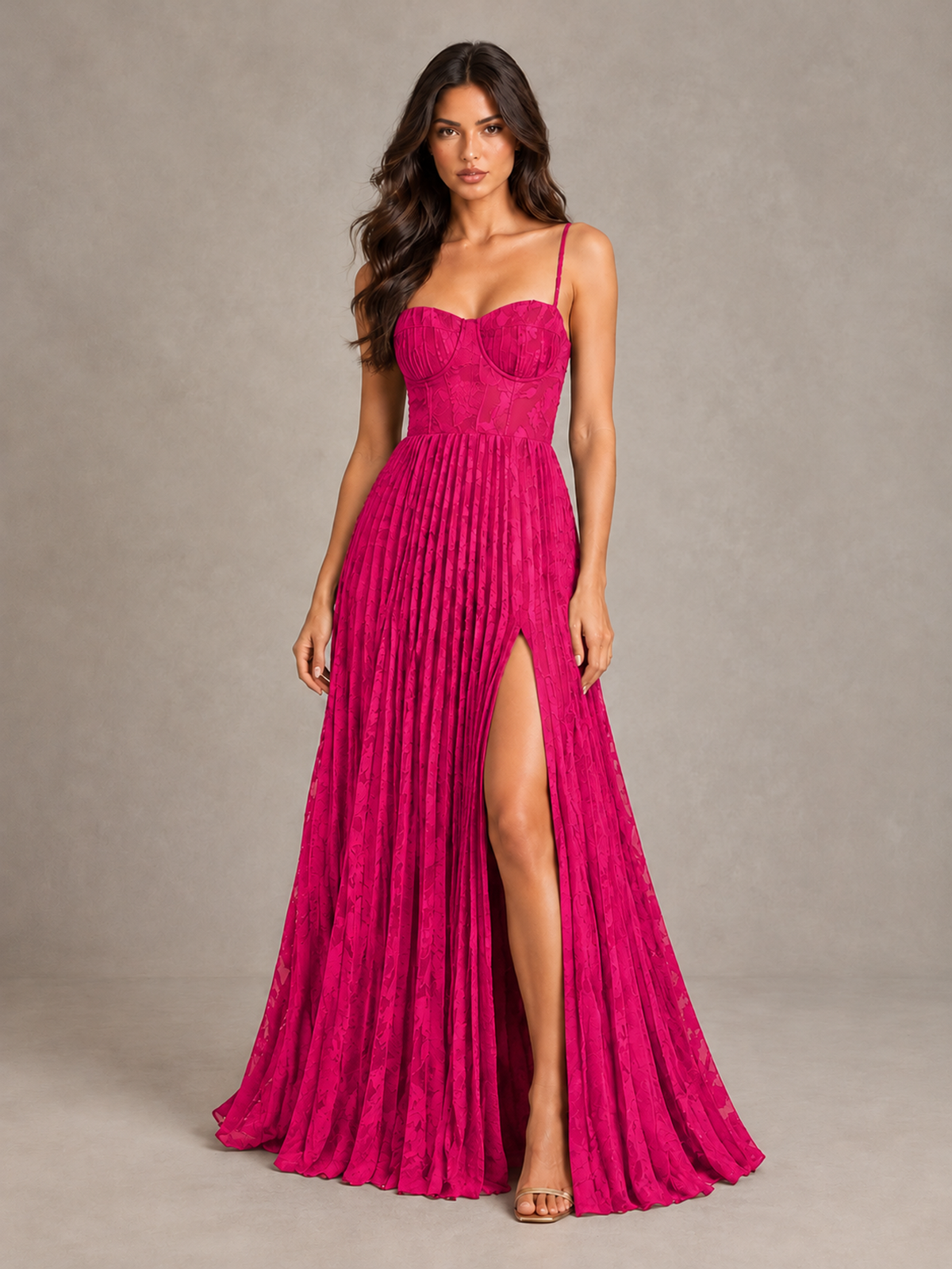 BOLODOO Hot Pink Pleated Bridesmaid Dress with Sweetheart Neckline & Slit - Hot Pink - Hot Pink (1)