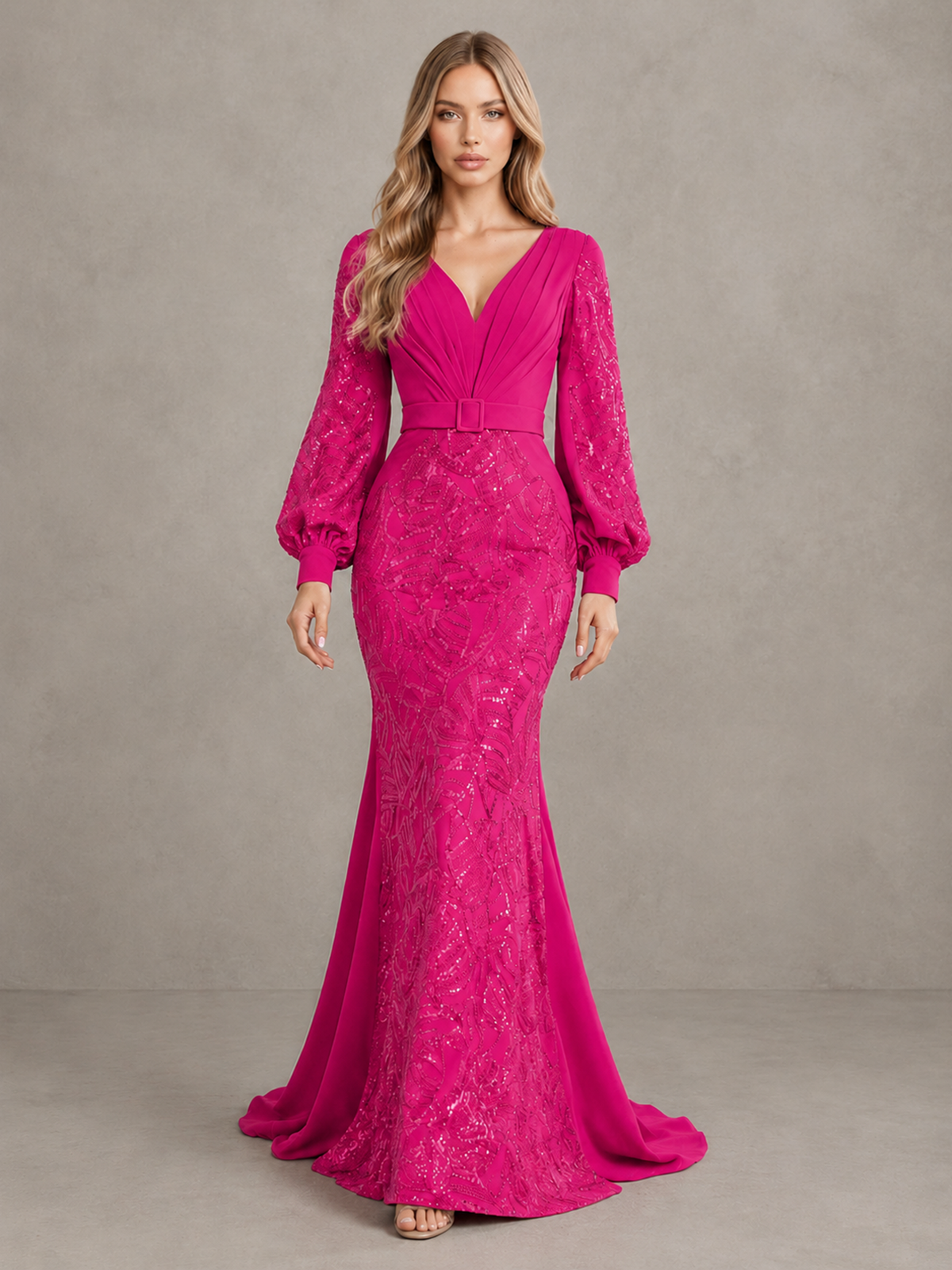 BOLODOO Hot Pink Sequin Long Bishop Sleeve Mermaid Evening Dress - Hot Pink - Hot Pink (1)