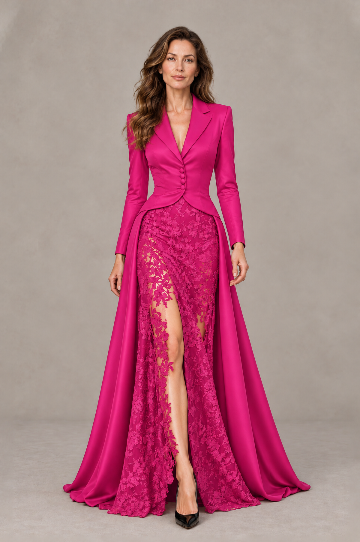 BOLODOO Hot Pink Long Sleeve Lace Blazer Gown with High Slit - Hot Pink - Hot Pink (1)