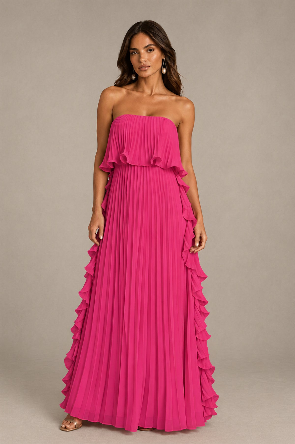 BOLODOO Hot Pink Strapless Ruffle Bodice Dual Cascading Ruffle Accordion Pleated Chiffon Maxi Dress - Hot Pink