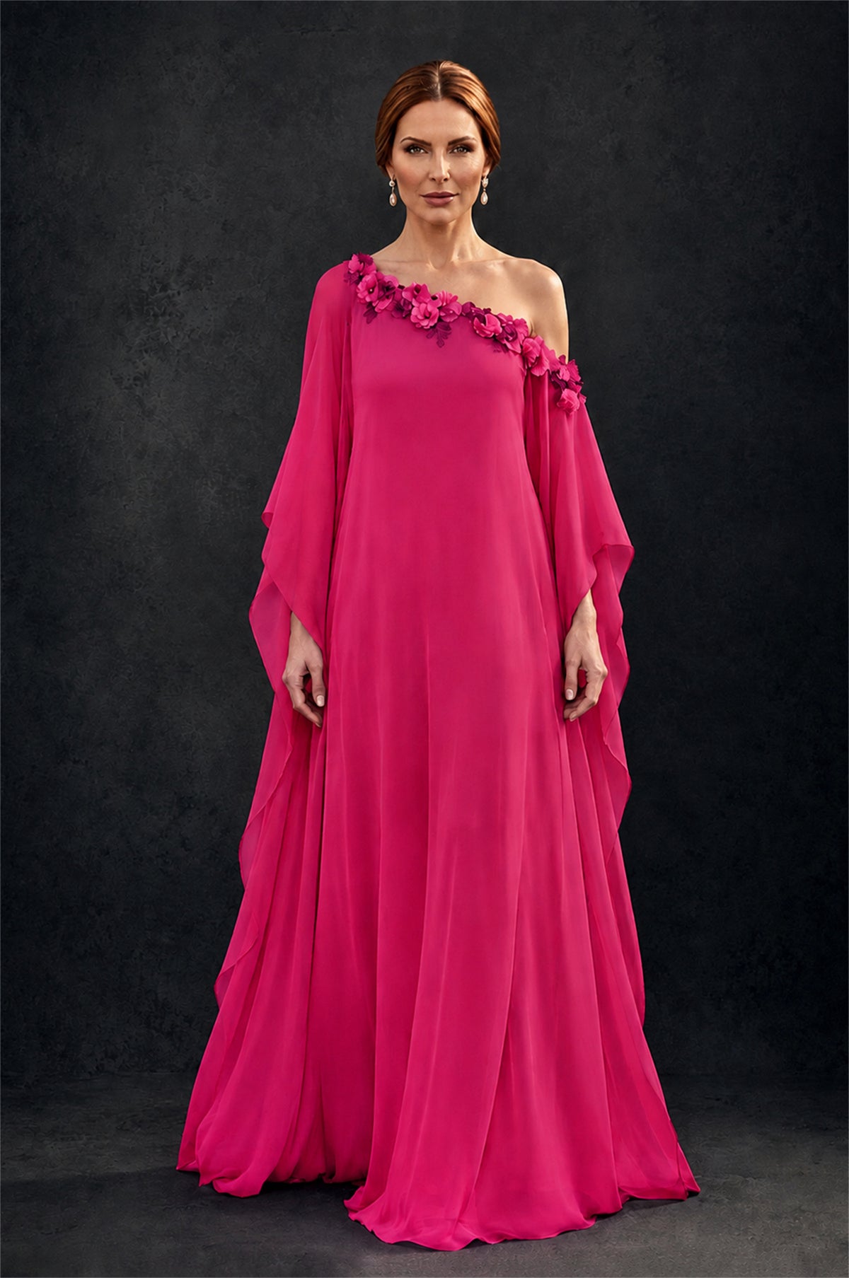 BOLODOO Hot Pink 2-Piece Set: Off-Shoulder 3D Floral Cape Gown & One-Shoulder Wide-Leg Jumpsuit | BD0373 - Hot Pink