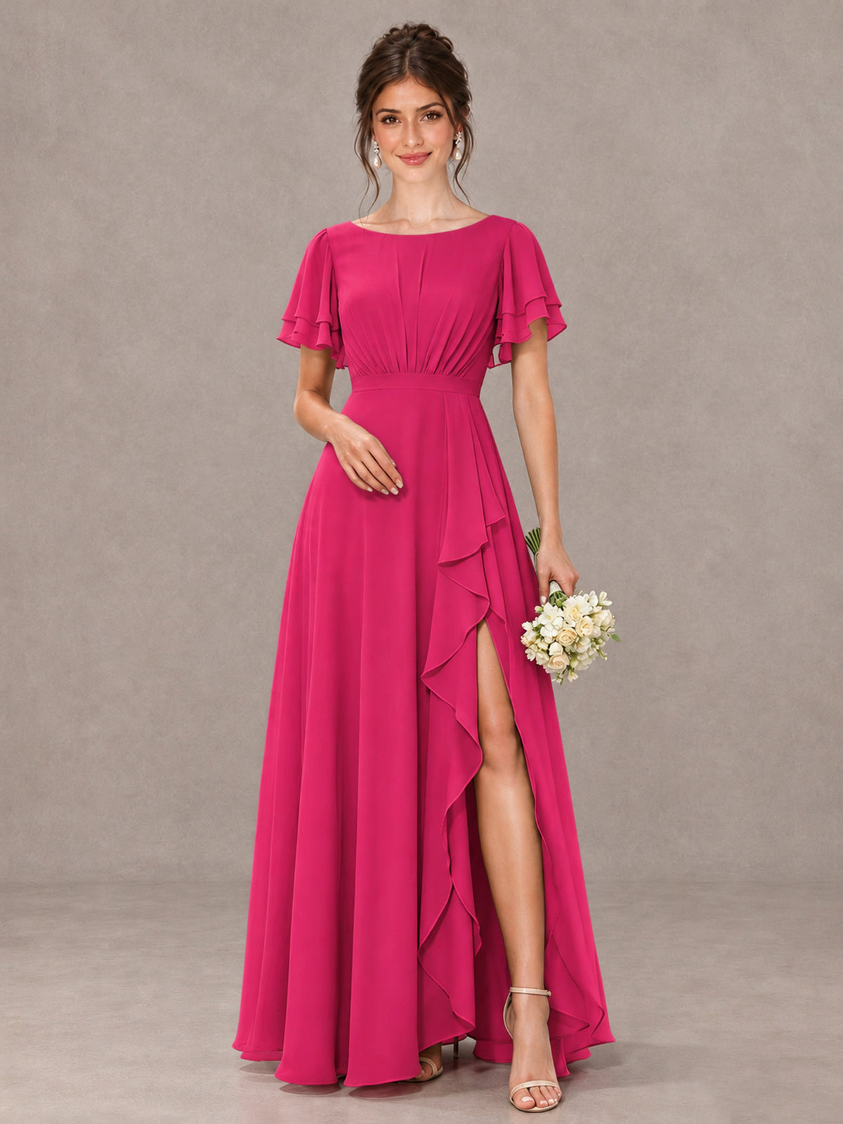 BOLODOO Hot Pink Flutter Sleeve Ruffle Bridesmaid Dress with Slit - Hot Pink - Hot Pink (1)