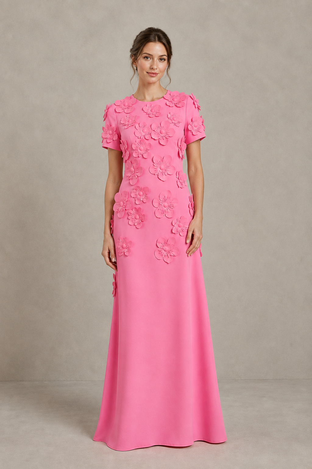 BOLODOO Hot Pink Textured Floral Maxi Dress with Short Sleeves - Hot Pink