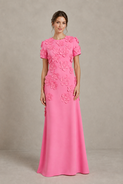 BOLODOO Hot Pink Textured Floral Maxi Dress with Short Sleeves - Hot Pink