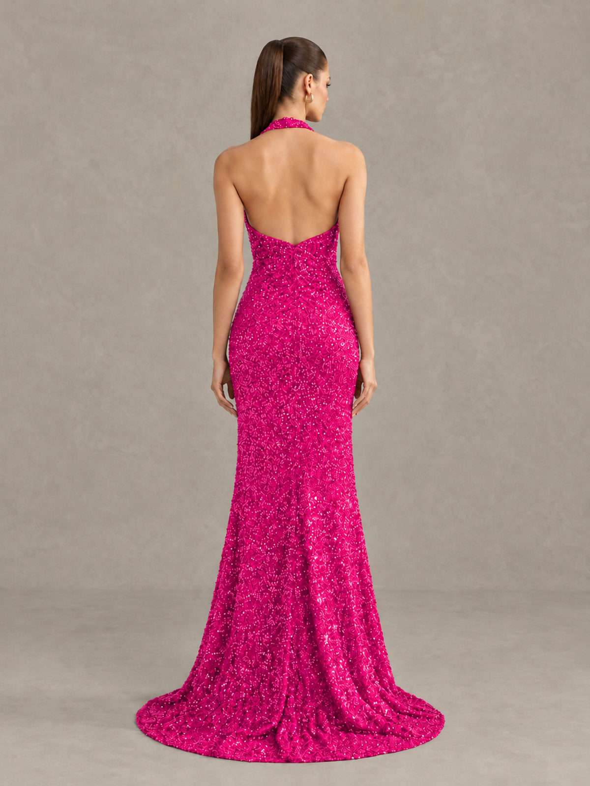 BOLODOO Hot Pink Sequin Halter Open Back Evening Gown with High Slit - Hot Pink - Hot Pink (2)