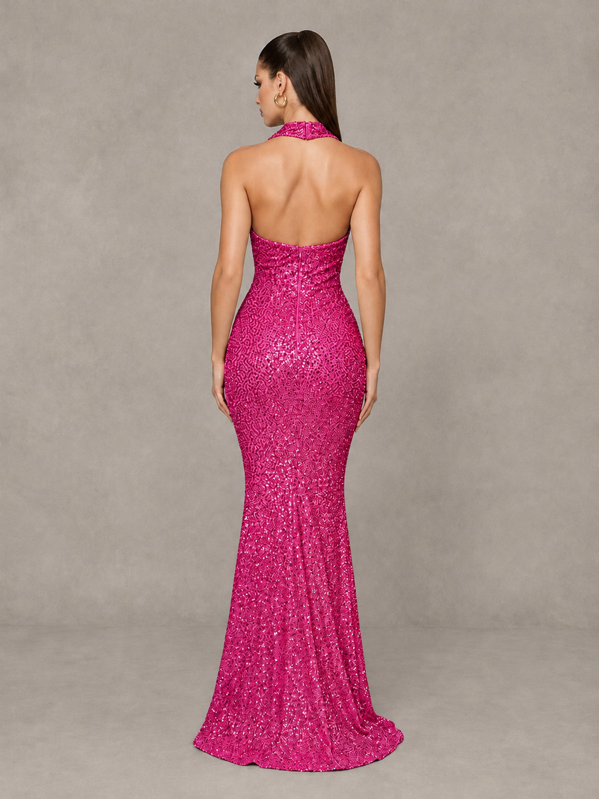 BOLODOO Hot Pink Sequin Halter Mermaid Evening Gown - Hot Pink - Hot Pink (2)