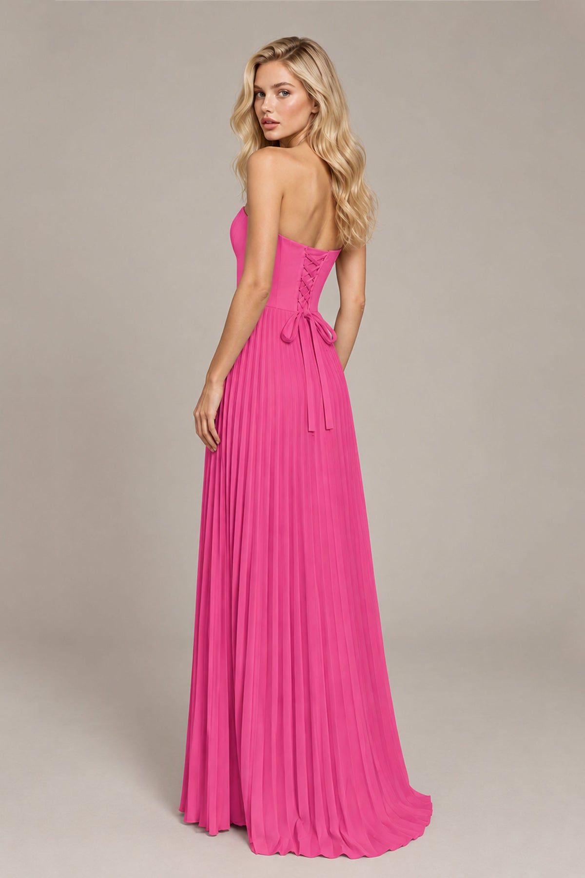 BOLODOO Hot Pink Strapless Sunburst Pleated Twisted Knot Lace-Up Back Accordion Pleated Chiffon Maxi Dress - Hot Pink
