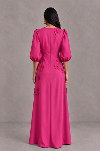 BOLODOO Hot Pink Floral Applique Puff Sleeve A-Line Evening Dress - Hot Pink - Hot Pink (2)