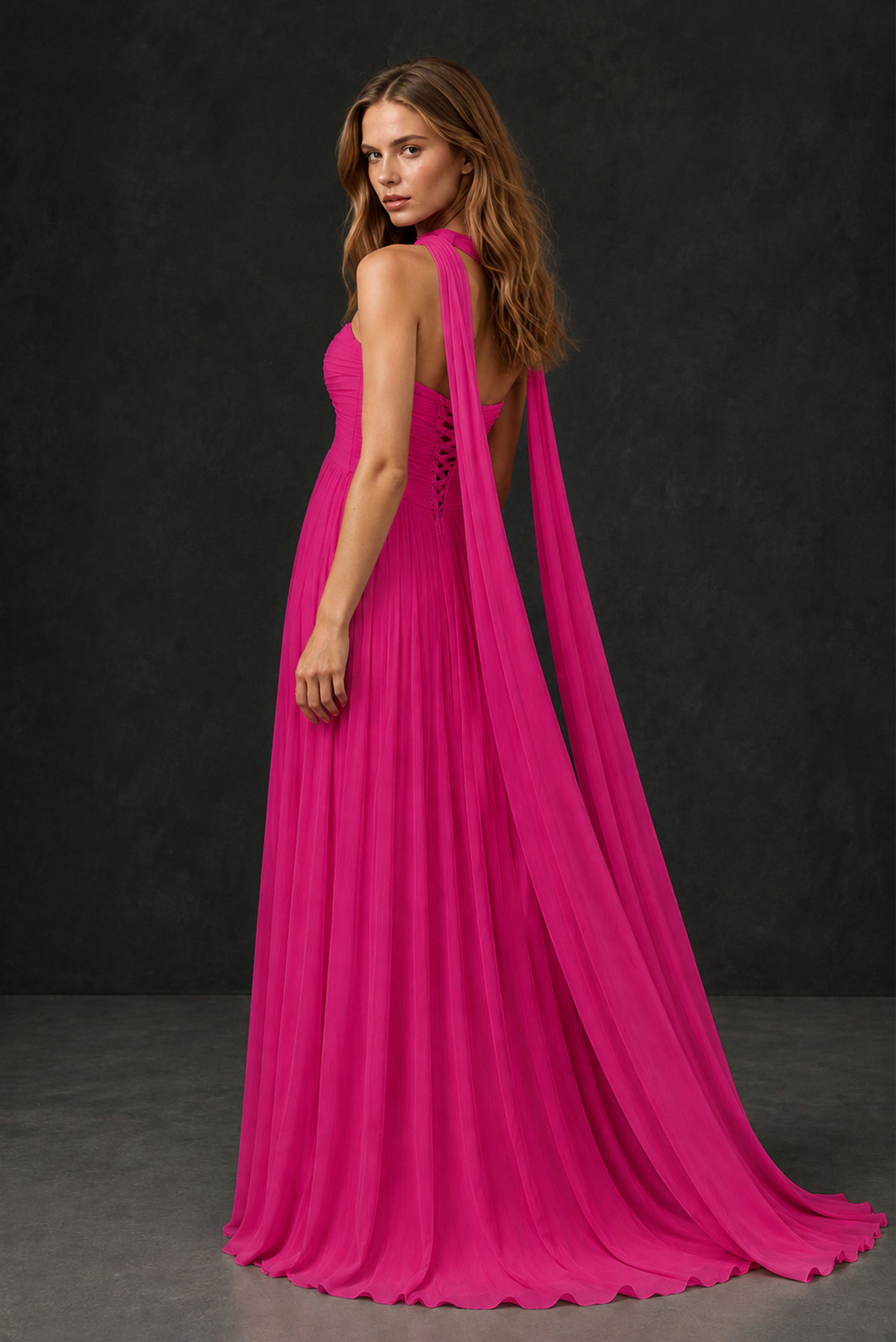 BOLODOO Hot Pink Sweetheart Strapless Twist Knot Detached Halter Scarf Lace-Up Back Empire Waist Chiffon Maxi Dress - Hot Pink
