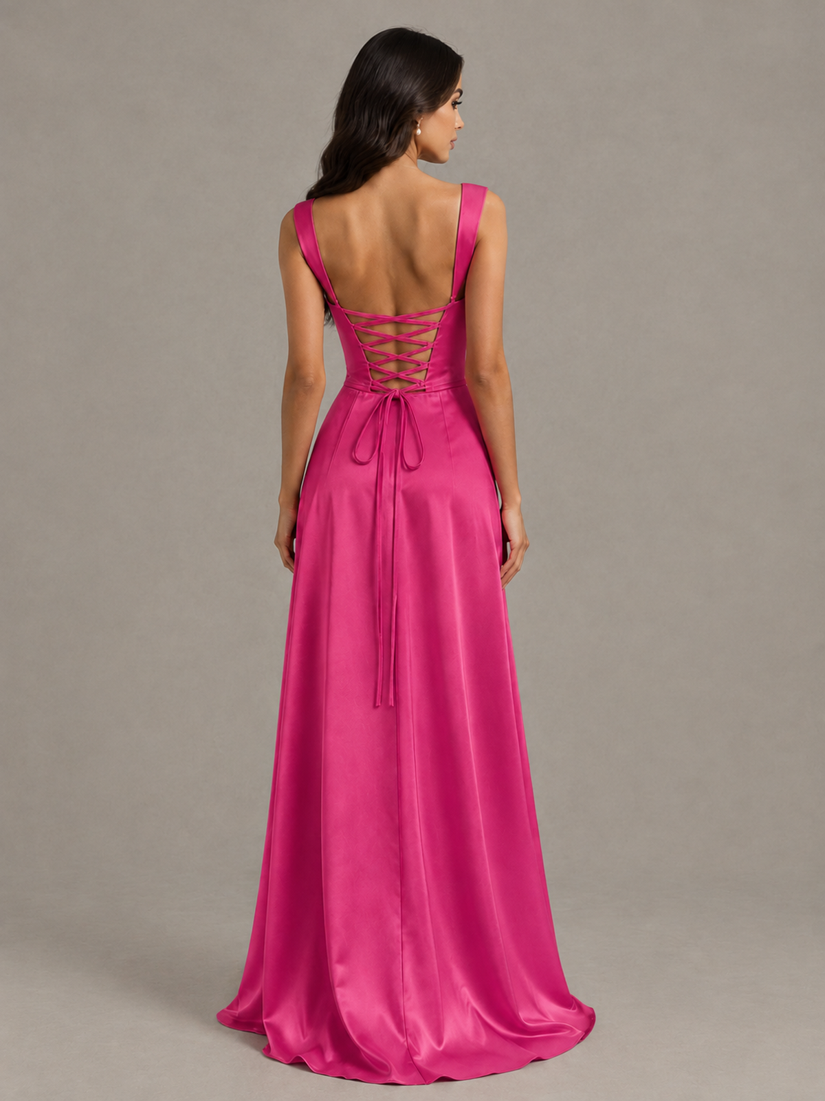 BOLODOO Hot Pink Satin Lace-Up Bridesmaid Dress with Slit - Hot Pink - Hot_Pink (2)