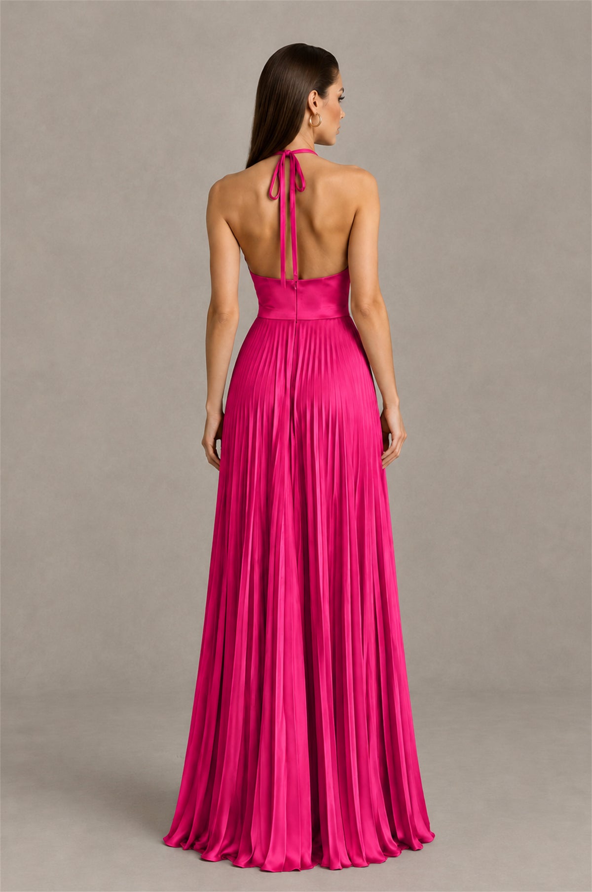 BOLODOO Hot Pink Halter Pleated A-Line Evening Dress - Hot Pink