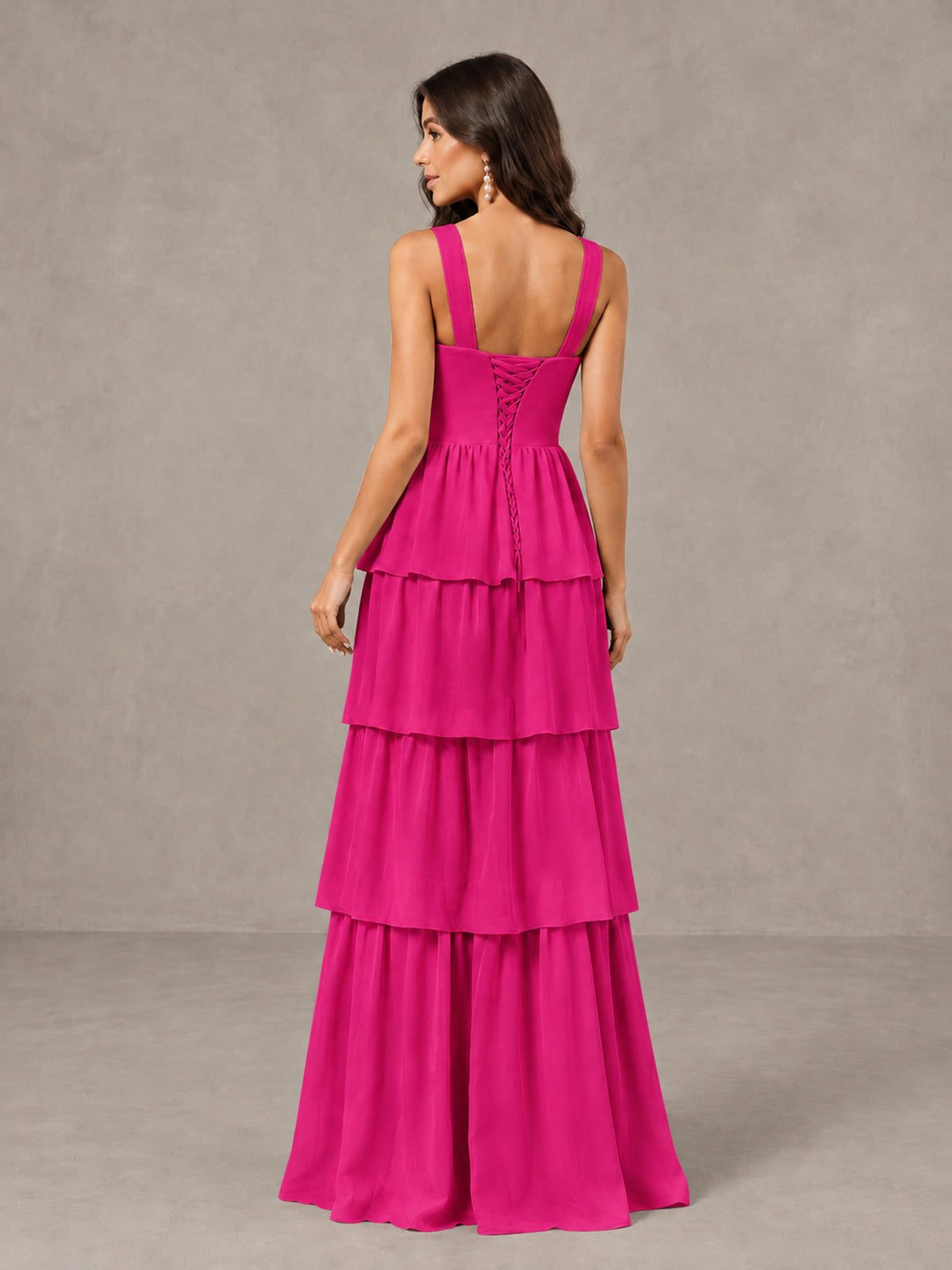 BOLODOO Hot Pink Square Neck Tiered Bridesmaid Dress with Slit - Hot Pink - Hot Pink (2)