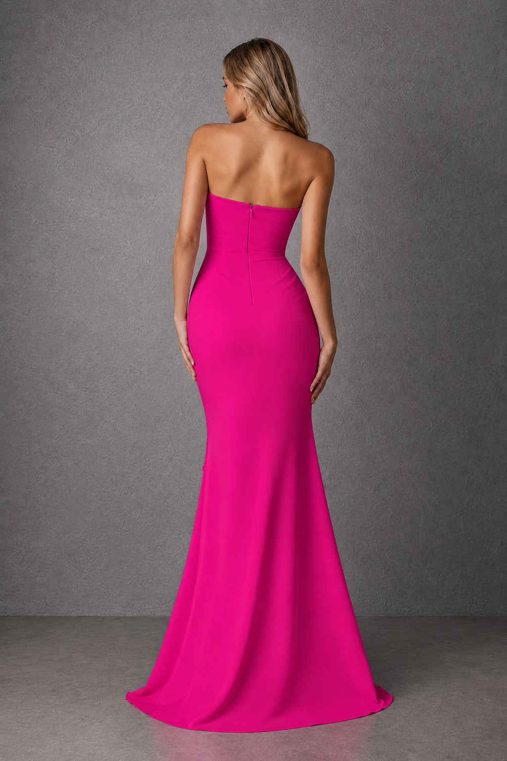 BOLODOO Hot Pink Strapless Sweetheart Ruched Mermaid Gown | Cascade Drape Formal Evening Dress - Hot Pink