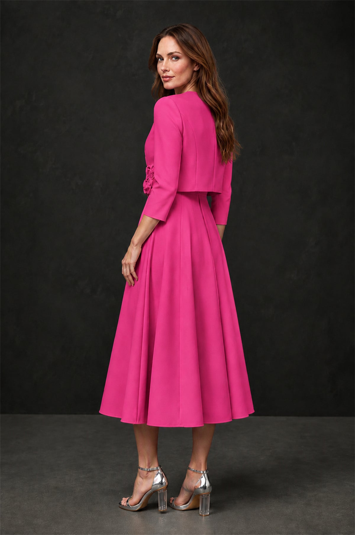BOLODOO Hot Pink 3D Rosette Appliqué 3/4 Sleeve Jacket & V-Notch Sleeveless A-Line Tea-Length Two-Piece Dress Set - Hot Pink