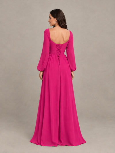 BOLODOO Hot Pink Long Sleeve Chiffon Bridesmaid Dress with Slit - Hot Pink - Hot Pink (2)