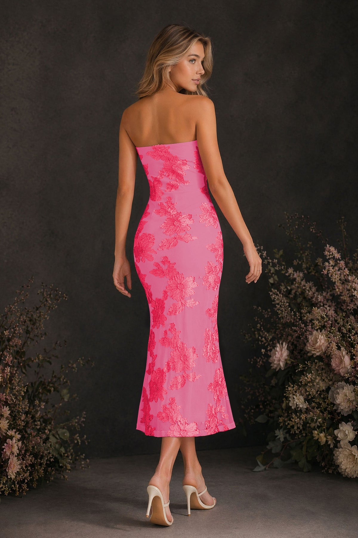 BOLODOO Hot Pink Tonal Floral Embroidered Mesh Strapless Open Back Bodycon Midi Tea Length Dress - Hot Pink