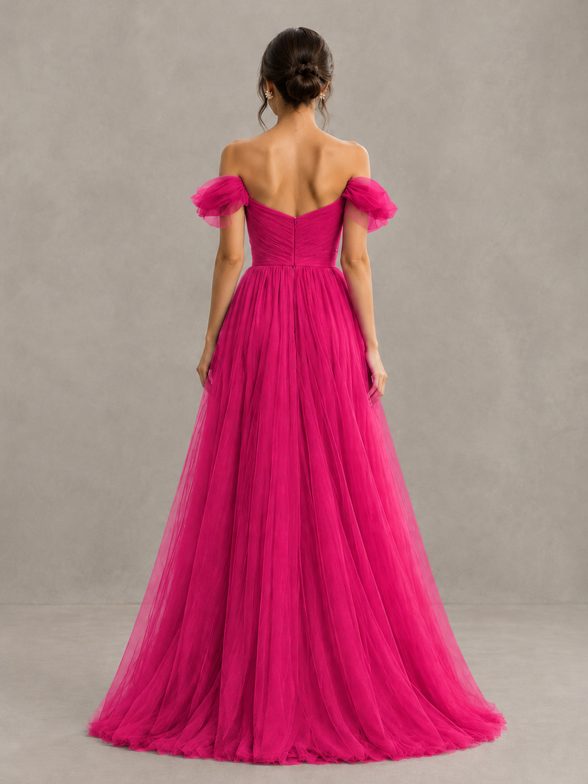 BOLODOO Hot Pink Off-the-Shoulder Ruffle Sleeve A-Line Bridesmaid Dress - Hot Pink - Hot Pink (2)