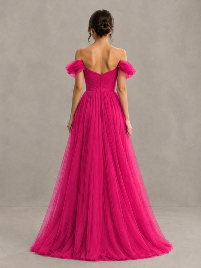 BOLODOO Hot Pink Off-the-Shoulder Ruffle Sleeve A-Line Bridesmaid Dress - Hot Pink - Hot Pink (2)