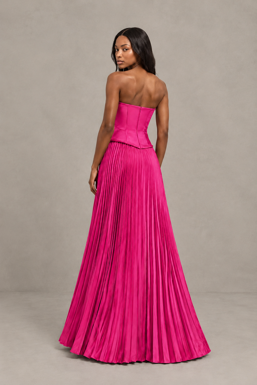 BOLODOO Hot Pink Strapless Pleated Satin Evening Prom Dress - Hot Pink