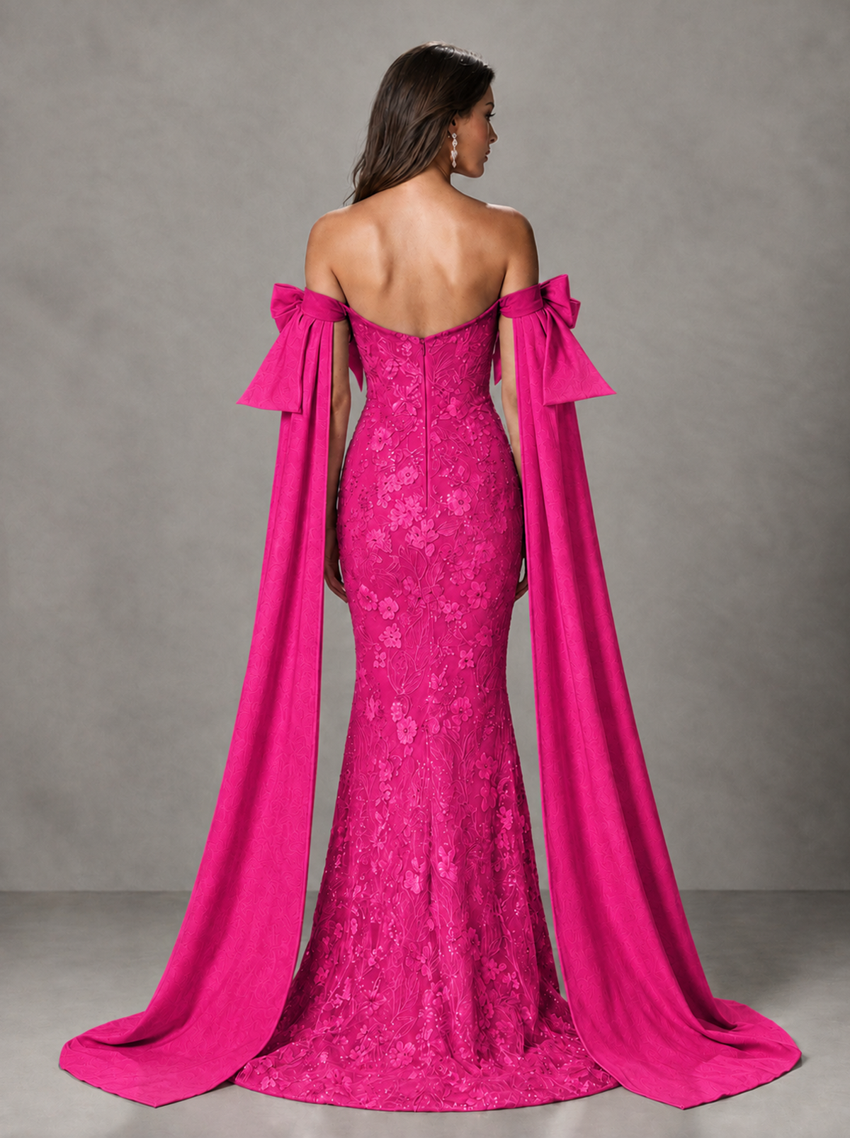 BOLODOO Hot Pink Floral Lace Mermaid Prom Dress with Off-Shoulder Bows - Hot Pink - Hot Pink (2)