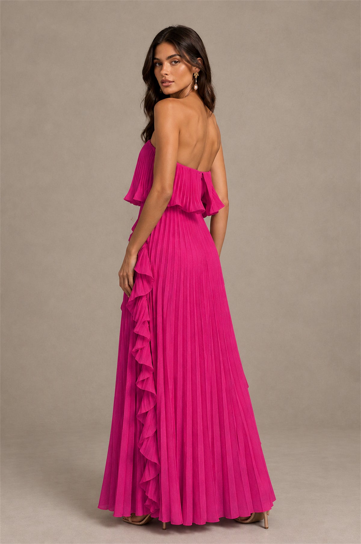 BOLODOO Hot Pink Strapless Ruffle Bodice Dual Cascading Ruffle Accordion Pleated Chiffon Maxi Dress - Hot Pink