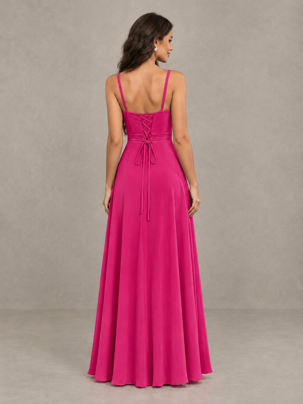 BOLODOO Hot Pink Spaghetti Strap Ruffle Bridesmaid Dress with Slit - Hot Pink - Hot Pink (2)