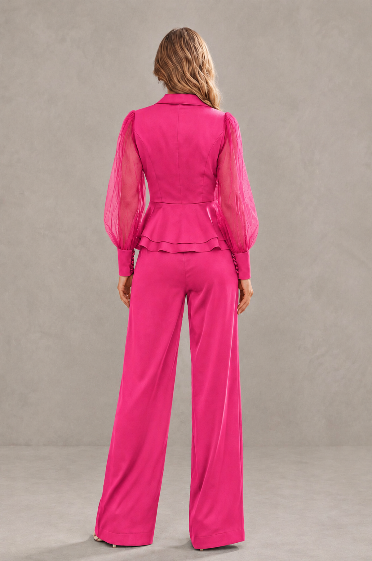 BOLODOO Mint Hot Pink Peplum Blazer Wide-Leg Pantsuit with Sheer Puff Sleeves - Hot Pink